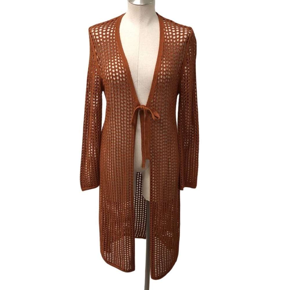She + Sky Cardigan Womens Small Rust Open Knit Crochet Duster Front Tie